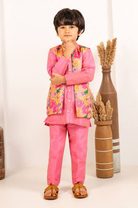 Shop JILMIL DREAMWEAR Pink Silk Floral Digital Printed Bundi And Kurta Set Online at Aza Fashions Shop_JILMIL DREAMWEAR_Pink Silk Floral Digital Printed Bundi And Kurta Set _Online_at_Aza_Fashions