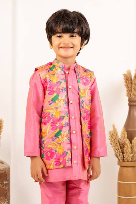 JILMIL DREAMWEAR Pink Silk Floral Digital Printed Bundi And Kurta Set at Aza Fashions JILMIL DREAMWEAR_Pink Silk Floral Digital Printed Bundi And Kurta Set _at_Aza_Fashions