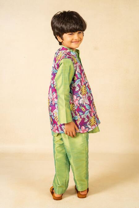 JILMIL DREAMWEAR_Green Silk And Purple Digital Printed Kurta Set_Online_at_Aza_Fashions