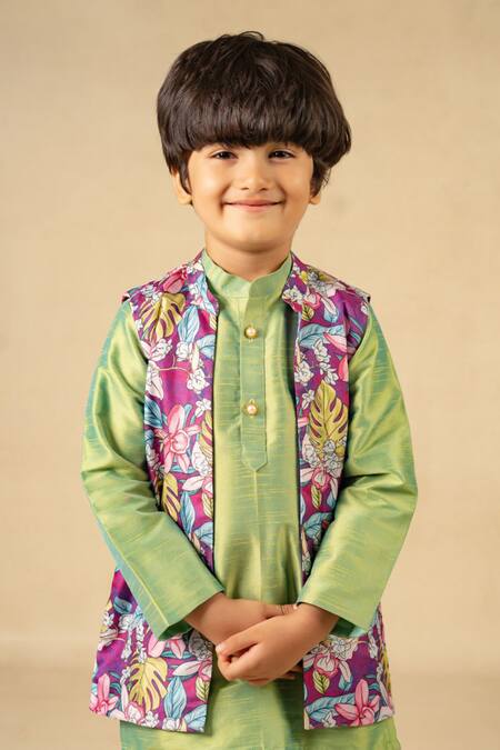 Buy_JILMIL DREAMWEAR_Green Silk And Purple Digital Printed Kurta Set_Online_at_Aza_Fashions