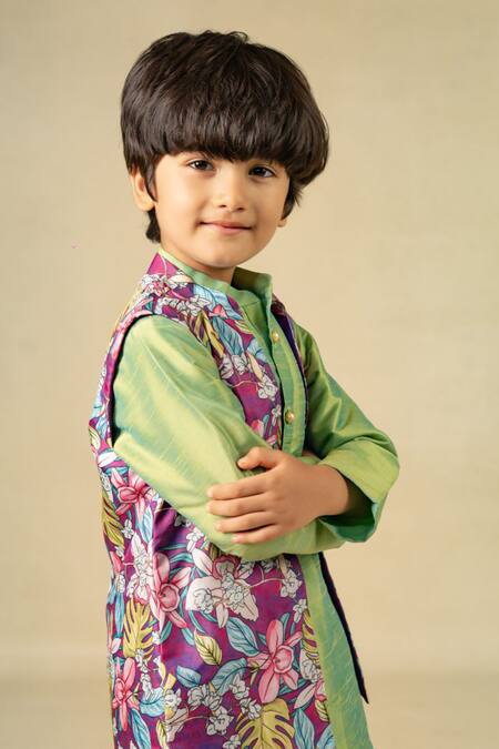 Shop_JILMIL DREAMWEAR_Green Silk And Purple Digital Printed Kurta Set_Online_at_Aza_Fashions