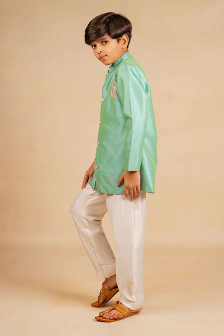 JILMIL DREAMWEAR Turquoise Silk Embroidery Blue Kurta Set at Aza Fashions JILMIL DREAMWEAR_Turquoise Silk Embroidery Blue Kurta Set _at_Aza_Fashions