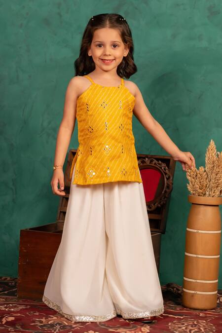 Buy JILMIL DREAMWEAR Yellow Cotton Mirrors Work Top And Palazzo Set Buy_JILMIL DREAMWEAR_Yellow Cotton Mirrors Work Top And Palazzo Set