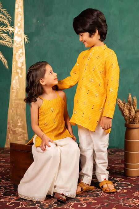 Shop JILMIL DREAMWEAR Yellow Cotton Mirrors Work Top And Palazzo Set Shop_JILMIL DREAMWEAR_Yellow Cotton Mirrors Work Top And Palazzo Set