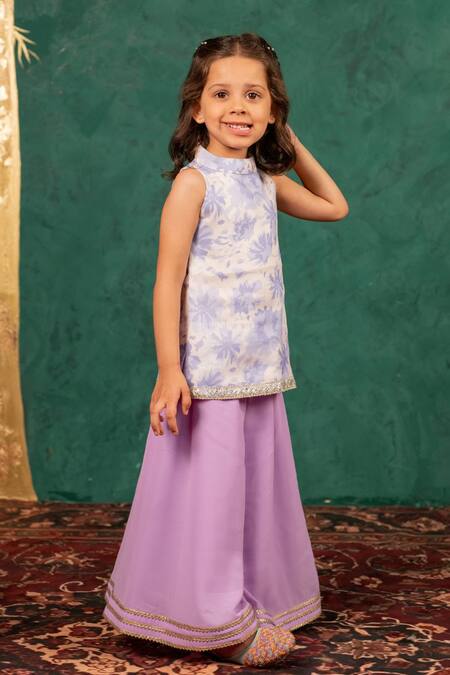 Shop JILMIL DREAMWEAR Purple Cotton Embroidery Digital Printed Girls Top And Palazzo Set Online at Aza Fashions Shop_JILMIL DREAMWEAR_Purple Cotton Embroidery Digital Printed Girls Top And Palazzo Set _Online_at_Aza_Fashions