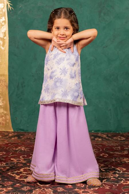 JILMIL DREAMWEAR Purple Cotton Embroidery Digital Printed Girls Top And Palazzo Set at Aza Fashions JILMIL DREAMWEAR_Purple Cotton Embroidery Digital Printed Girls Top And Palazzo Set _at_Aza_Fashions