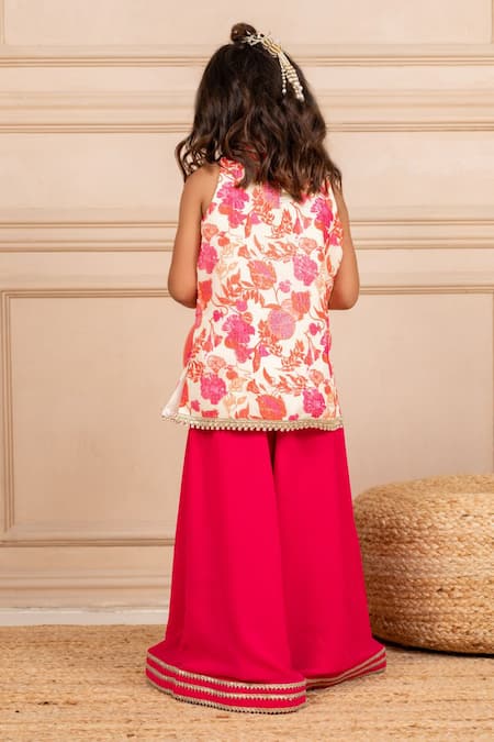 Shop JILMIL DREAMWEAR Cream Cotton Digital Printed Pink Top And Sharara Set at Aza Fashions Shop_JILMIL DREAMWEAR_Cream Cotton Digital Printed Pink Top And Sharara Set _at_Aza_Fashions