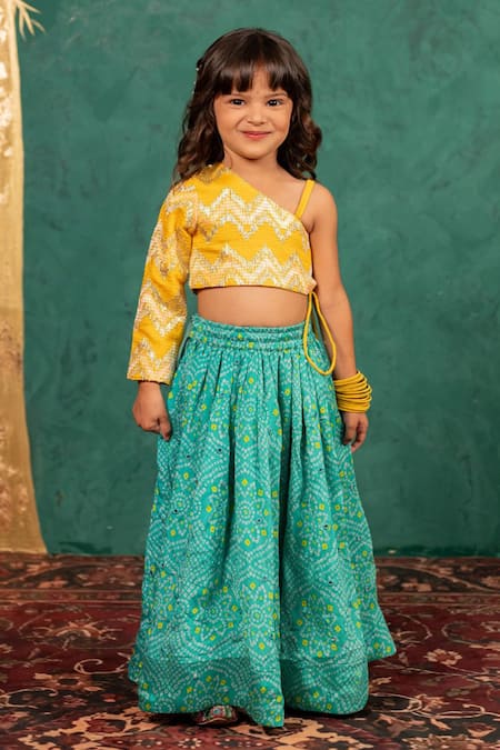 Jilmil Dreamwear Yellow Brocade Tassels Bandhani Top And Lehenga Set 