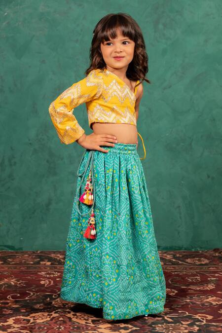 Shop JILMIL DREAMWEAR Yellow Brocade Tassels Bandhani Top And Lehenga Set Online at Aza Fashions Shop_JILMIL DREAMWEAR_Yellow Brocade Tassels Bandhani Top And Lehenga Set _Online_at_Aza_Fashions