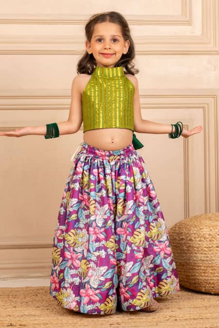 Jilmil Dreamwear Green Cotton, Lurex Digital Print Top And Lehenga Set 