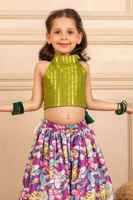 Shop JILMIL DREAMWEAR Green Cotton, Lurex Digital Print Top And Lehenga Set Online at Aza Fashions Shop_JILMIL DREAMWEAR_Green Cotton, Lurex Digital Print Top And Lehenga Set _Online_at_Aza_Fashions