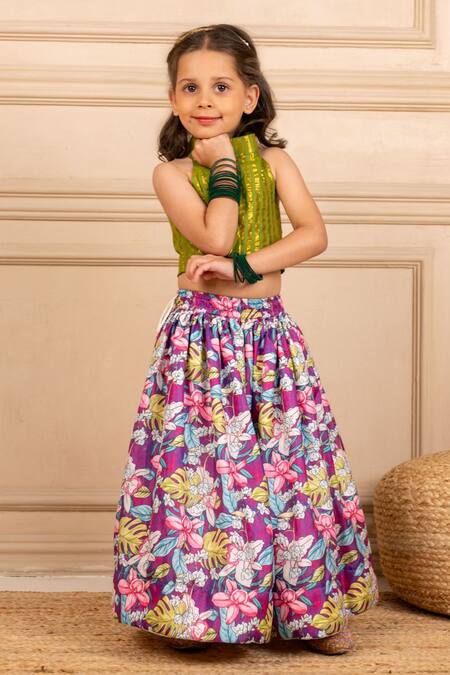 JILMIL DREAMWEAR Green Cotton, Lurex Digital Print Top And Lehenga Set at Aza Fashions JILMIL DREAMWEAR_Green Cotton, Lurex Digital Print Top And Lehenga Set _at_Aza_Fashions