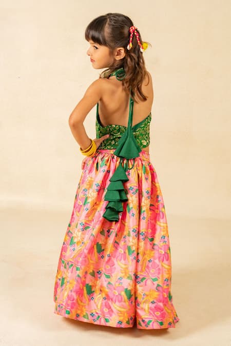 Shop JILMIL DREAMWEAR Green Brocade Embroidery, Tassels Digital Printed Top And Lehenga Set at Aza Fashions Shop_JILMIL DREAMWEAR_Green Brocade Embroidery, Tassels Digital Printed Top And Lehenga Set _at_Aza_Fashions