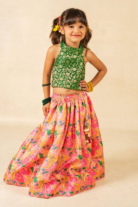 JILMIL DREAMWEAR Green Brocade Embroidery, Tassels Digital Printed Top And Lehenga Set Online at Aza Fashions JILMIL DREAMWEAR_Green Brocade Embroidery, Tassels Digital Printed Top And Lehenga Set _Online_at_Aza_Fashions