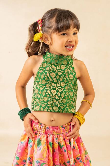 Buy JILMIL DREAMWEAR Green Brocade Embroidery, Tassels Digital Printed Top And Lehenga Set Online at Aza Fashions Buy_JILMIL DREAMWEAR_Green Brocade Embroidery, Tassels Digital Printed Top And Lehenga Set _Online_at_Aza_Fashions