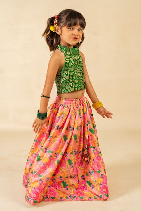 Shop JILMIL DREAMWEAR Green Brocade Embroidery, Tassels Digital Printed Top And Lehenga Set Online at Aza Fashions Shop_JILMIL DREAMWEAR_Green Brocade Embroidery, Tassels Digital Printed Top And Lehenga Set _Online_at_Aza_Fashions