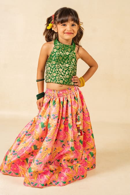 Jilmil Dreamwear Green Brocade Embroidery, Tassels Digital Printed Top And Lehenga Set 