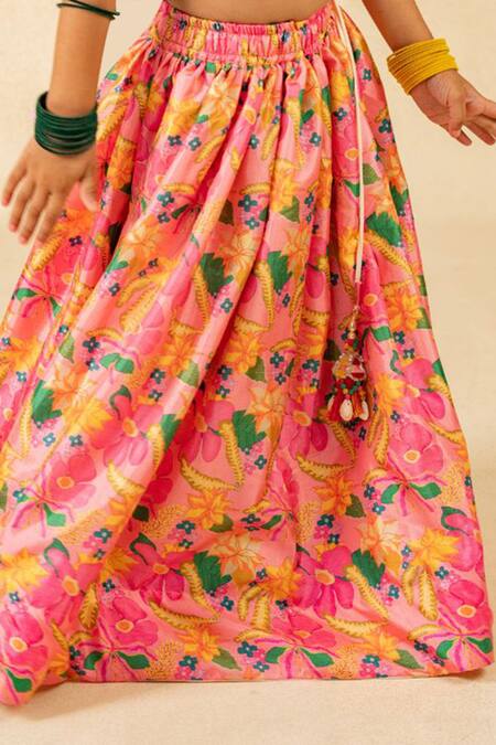 JILMIL DREAMWEAR Green Brocade Embroidery, Tassels Digital Printed Top And Lehenga Set at Aza Fashions JILMIL DREAMWEAR_Green Brocade Embroidery, Tassels Digital Printed Top And Lehenga Set _at_Aza_Fashions