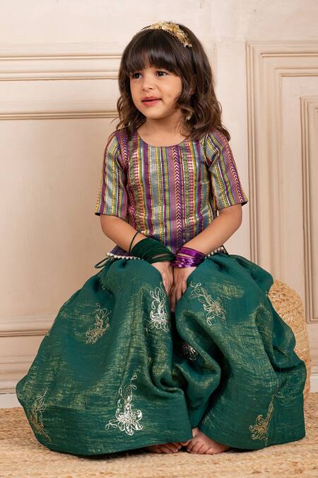 JILMIL DREAMWEAR Multi Color Cotton, Brocade Embroidery Green Lehenga Set Online at Aza Fashions JILMIL DREAMWEAR_Multi Color Cotton, Brocade Embroidery Green Lehenga Set _Online_at_Aza_Fashions