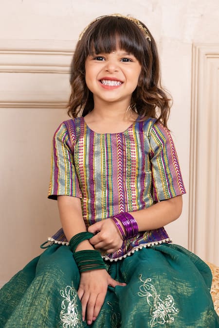 JILMIL DREAMWEAR Multi Color Cotton, Brocade Embroidery Green Lehenga Set at Aza Fashions JILMIL DREAMWEAR_Multi Color Cotton, Brocade Embroidery Green Lehenga Set _at_Aza_Fashions