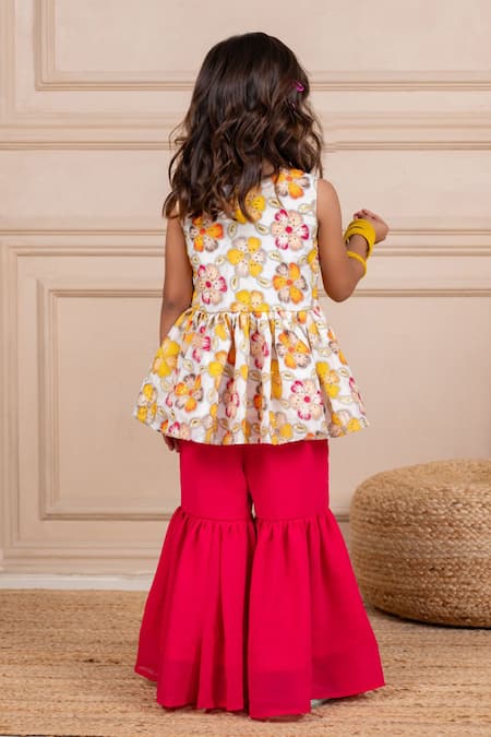 Shop JILMIL DREAMWEAR White Chinon Embroidery Floral Peplum Top And Sharara Set at Aza Fashions Shop_JILMIL DREAMWEAR_White Chinon Embroidery Floral Peplum Top And Sharara Set _at_Aza_Fashions