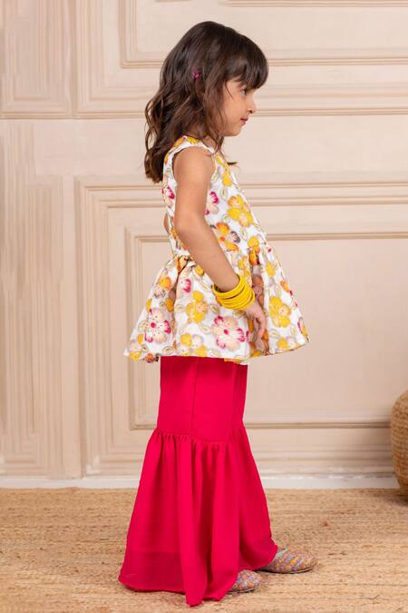 Shop JILMIL DREAMWEAR White Chinon Embroidery Floral Peplum Top And Sharara Set Online at Aza Fashions Shop_JILMIL DREAMWEAR_White Chinon Embroidery Floral Peplum Top And Sharara Set _Online_at_Aza_Fashions