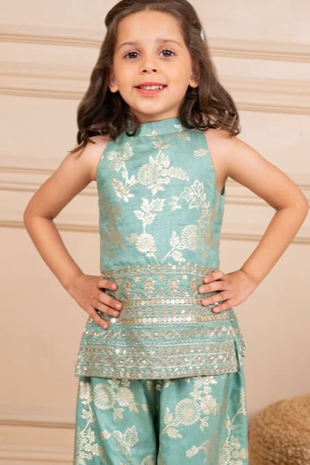 JILMIL DREAMWEAR_Mint Silk Embroidery Green Top And Palazzo Set_Online_at_Aza_Fashions