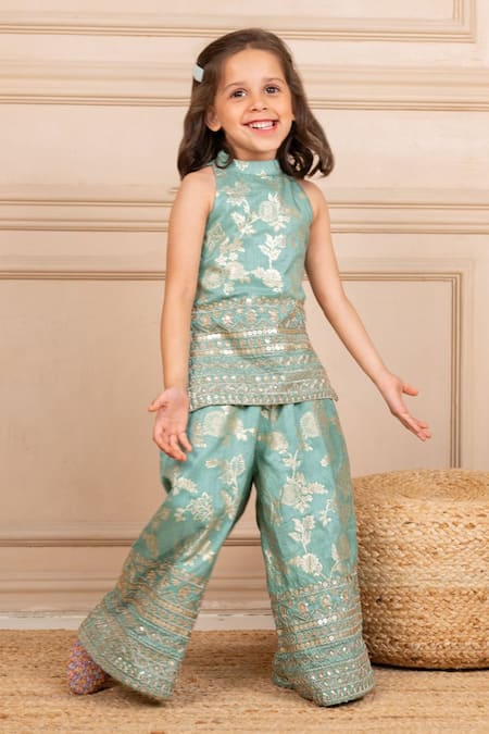 Buy_JILMIL DREAMWEAR_Mint Silk Embroidery Green Top And Palazzo Set_Online_at_Aza_Fashions