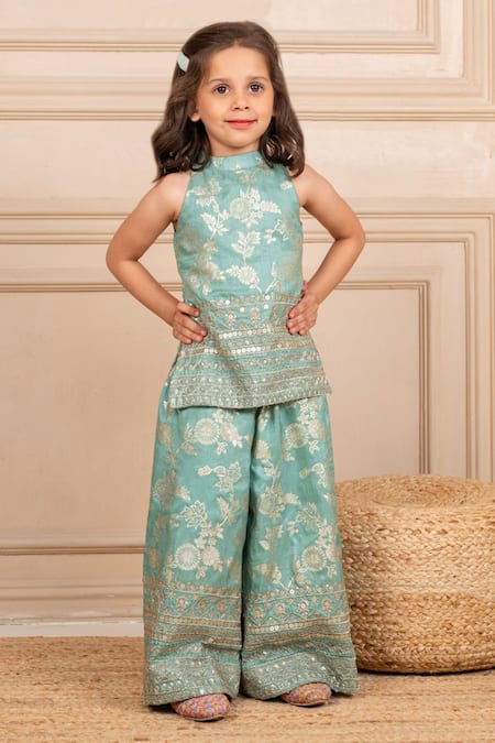 Jilmil Dreamwear Mint Silk Embroidery Green Top And Palazzo Set 