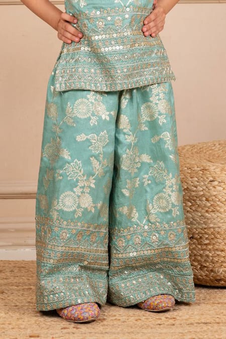 Shop_JILMIL DREAMWEAR_Mint Silk Embroidery Green Top And Palazzo Set_Online_at_Aza_Fashions