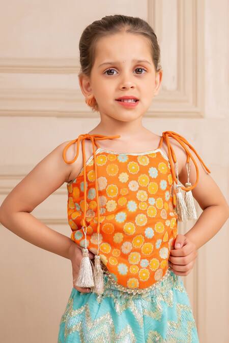 JILMIL DREAMWEAR Orange Brocade Tassels Embroidered Top And Aqua Palazzo Set Online at Aza Fashions JILMIL DREAMWEAR_Orange Brocade Tassels Embroidered Top And Aqua Palazzo Set _Online_at_Aza_Fashions