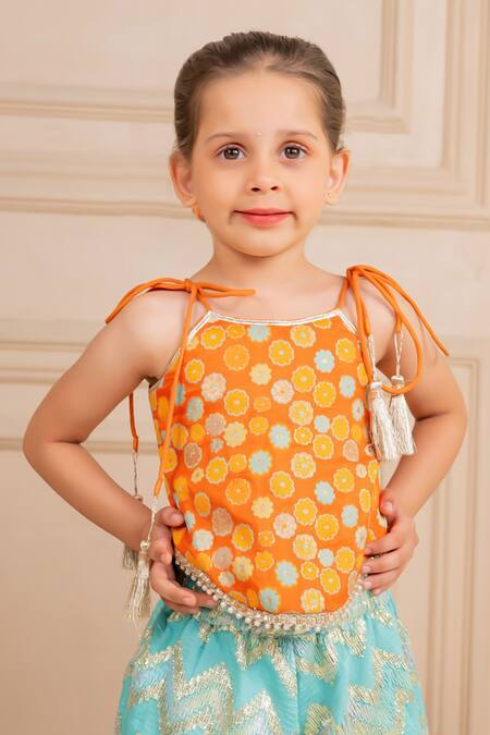 Buy JILMIL DREAMWEAR Orange Brocade Tassels Embroidered Top And Aqua Palazzo Set Online at Aza Fashions Buy_JILMIL DREAMWEAR_Orange Brocade Tassels Embroidered Top And Aqua Palazzo Set _Online_at_Aza_Fashions