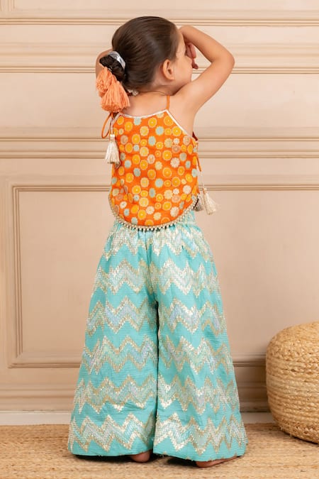 Shop JILMIL DREAMWEAR Orange Brocade Tassels Embroidered Top And Aqua Palazzo Set at Aza Fashions Shop_JILMIL DREAMWEAR_Orange Brocade Tassels Embroidered Top And Aqua Palazzo Set _at_Aza_Fashions