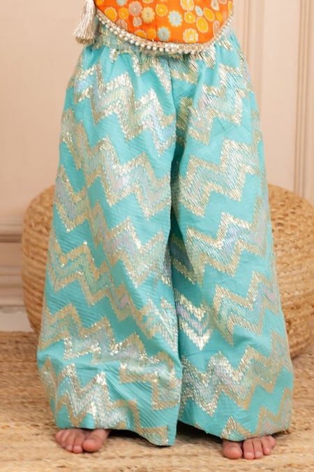 Shop JILMIL DREAMWEAR Orange Brocade Tassels Embroidered Top And Aqua Palazzo Set Online at Aza Fashions Shop_JILMIL DREAMWEAR_Orange Brocade Tassels Embroidered Top And Aqua Palazzo Set _Online_at_Aza_Fashions