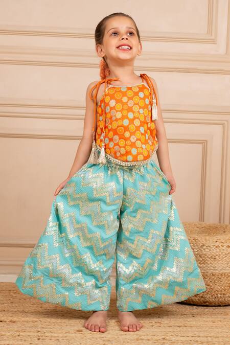 JILMIL DREAMWEAR Orange Brocade Tassels Embroidered Top And Aqua Palazzo Set at Aza Fashions JILMIL DREAMWEAR_Orange Brocade Tassels Embroidered Top And Aqua Palazzo Set _at_Aza_Fashions