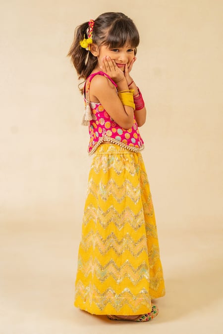 JILMIL DREAMWEAR Pink Brocade Tassels Embroidered Top And Yellow Palazzo Set Online at Aza Fashions JILMIL DREAMWEAR_Pink Brocade Tassels Embroidered Top And Yellow Palazzo Set _Online_at_Aza_Fashions
