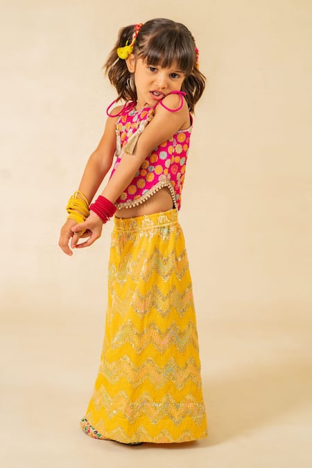 Buy JILMIL DREAMWEAR Pink Brocade Tassels Embroidered Top And Yellow Palazzo Set Online at Aza Fashions Buy_JILMIL DREAMWEAR_Pink Brocade Tassels Embroidered Top And Yellow Palazzo Set _Online_at_Aza_Fashions