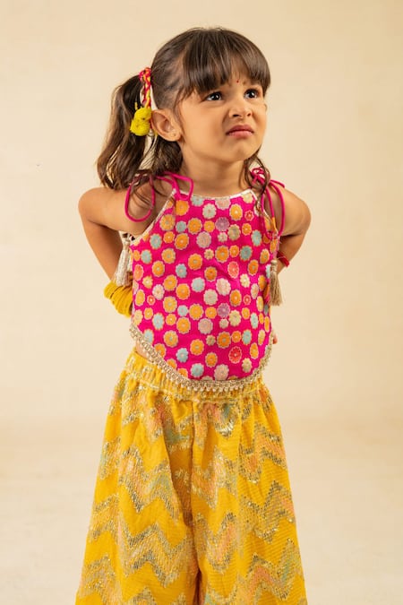 Shop JILMIL DREAMWEAR Pink Brocade Tassels Embroidered Top And Yellow Palazzo Set Online at Aza Fashions Shop_JILMIL DREAMWEAR_Pink Brocade Tassels Embroidered Top And Yellow Palazzo Set _Online_at_Aza_Fashions