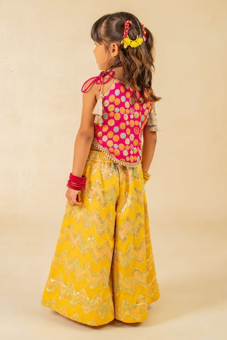 JILMIL DREAMWEAR Pink Embroidered Top & Yellow Palazzo Set 