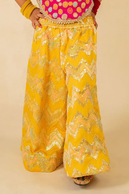 JILMIL DREAMWEAR Pink Brocade Tassels Embroidered Top And Yellow Palazzo Set at Aza Fashions JILMIL DREAMWEAR_Pink Brocade Tassels Embroidered Top And Yellow Palazzo Set _at_Aza_Fashions