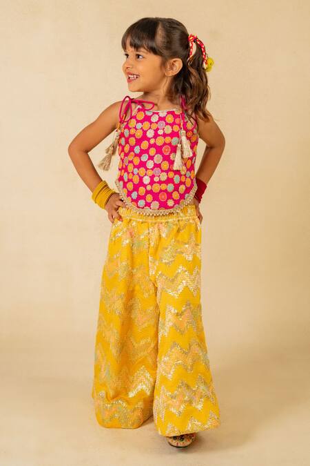 Buy JILMIL DREAMWEAR Pink Brocade Tassels Embroidered Top And Yellow Palazzo Set Buy_JILMIL DREAMWEAR_Pink Brocade Tassels Embroidered Top And Yellow Palazzo Set