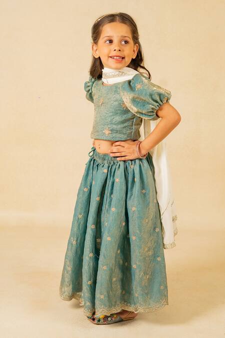 JILMIL DREAMWEAR_Blue Tissue Embroidery Fendy Crush Lehenga Set _Online_at_Aza_Fashions