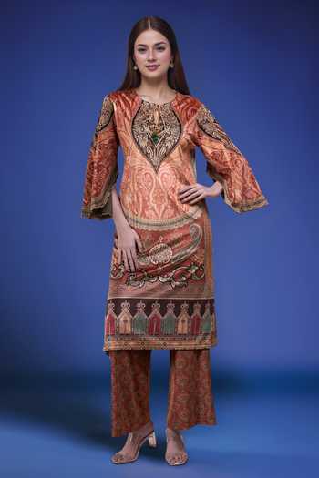 Samyukta Singhania_Rust Polyester Embroidery Round Neck Printed Kurta And Pant Set _Online_at_Aza_Fashions