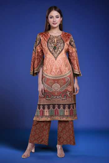 Buy_Samyukta Singhania_Rust Polyester Embroidery Round Neck Printed Kurta And Pant Set _Online_at_Aza_Fashions