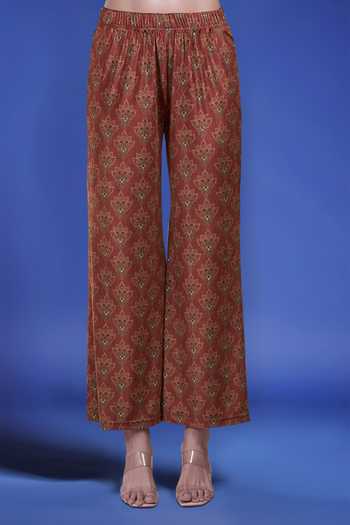 Shop_Samyukta Singhania_Rust Polyester Embroidery Round Neck Printed Kurta And Pant Set _Online_at_Aza_Fashions