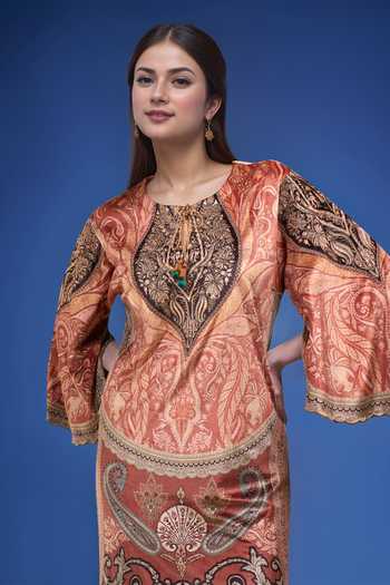 Samyukta Singhania_Rust Polyester Embroidery Round Neck Printed Kurta And Pant Set _at_Aza_Fashions