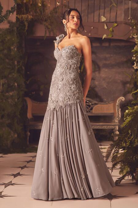 Roqa Gray Georgette Embroidery, Beads Sweetheart Neck Ethereal Grey Designer Gown at Aza Fashions Roqa_Gray Georgette Embroidery, Beads Sweetheart Neck Ethereal Grey Designer Gown _at_Aza_Fashions