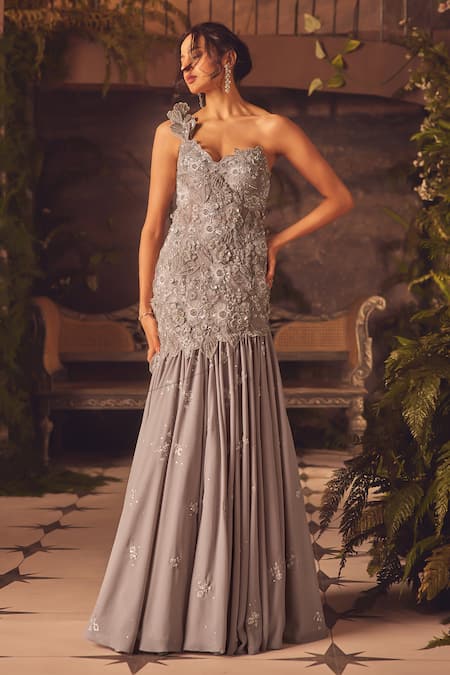 Roqa Gray Georgette Embroidery, Beads Sweetheart Neck Ethereal Grey Designer Gown 