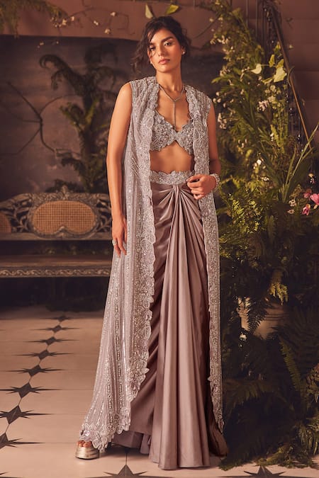 Roqa Purple Net, Modal, Satin Sequins, Embroidery Designer Silken Jacket And Skirt Set 