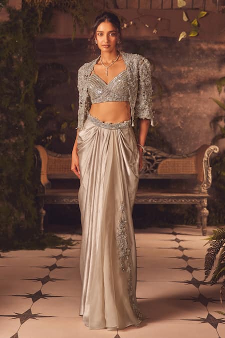 Roqa Ivory Net, Modal, Satin Embroidery, Sequins Designer Jacket Blouse Skirt Set 